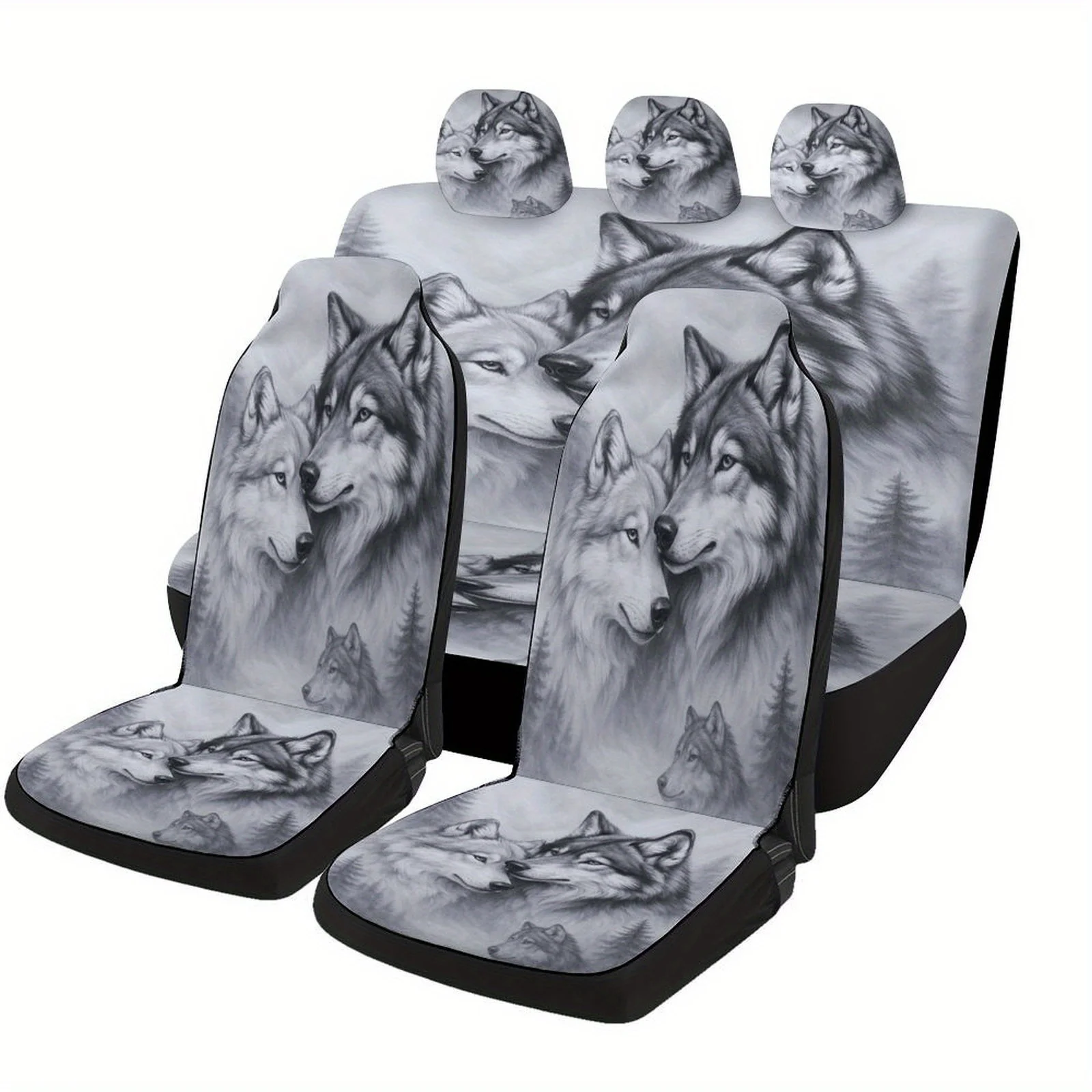 Wolf Pair In Forest Designed Car Seat Cover Set For Most Cars, High-quality Comfortable Car Seat Protector Covers Full Set, Univ