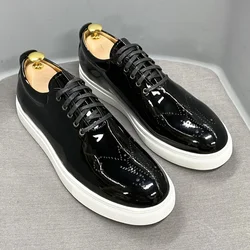 Men's Black Patent Leather Oxford Shoes Casual Breathable Lace-Up Luxury Office Business Flat Italian Style