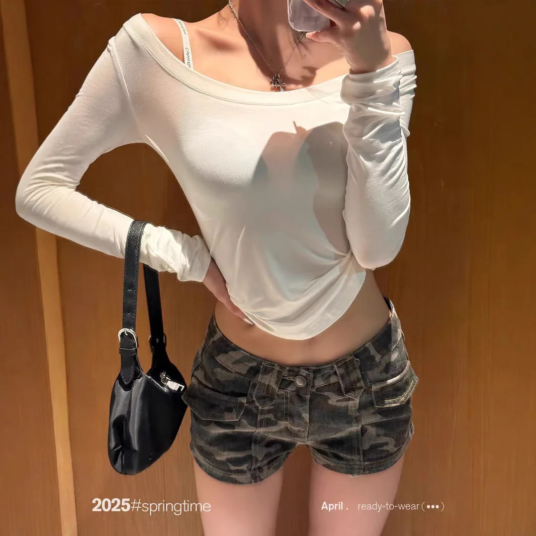 

2026 Summer Women Low Waist Slim Straight Denim Shorts Camouflage Pattern Casual Streetwear Hot Pants