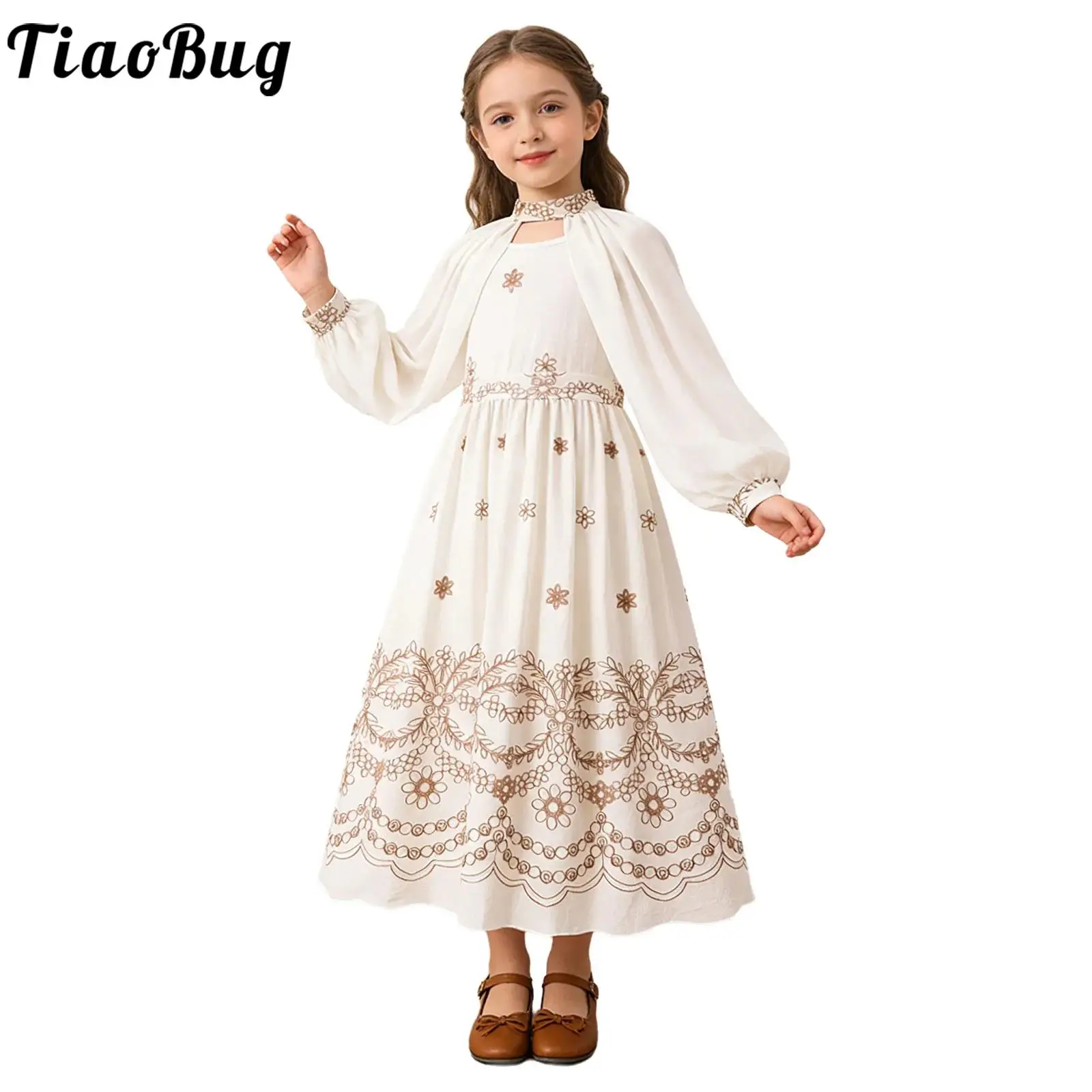 kids-girls-stylish-long-puff-sleeve-dress-cape-halter-neck-floral-embroidery-dress-for-birthday-party-photo-session-daily-casual
