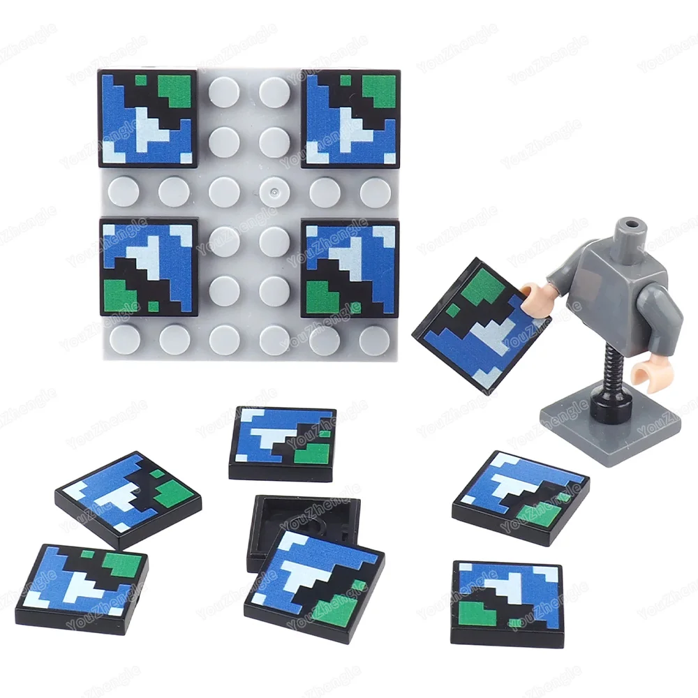 픽셀화된 청록색-흰색 인쇄 패턴 빌딩 블록 2x2 타일 3068 부품 MOC 피규어 블록 세계 지도 장면 모델 선물 장난감
