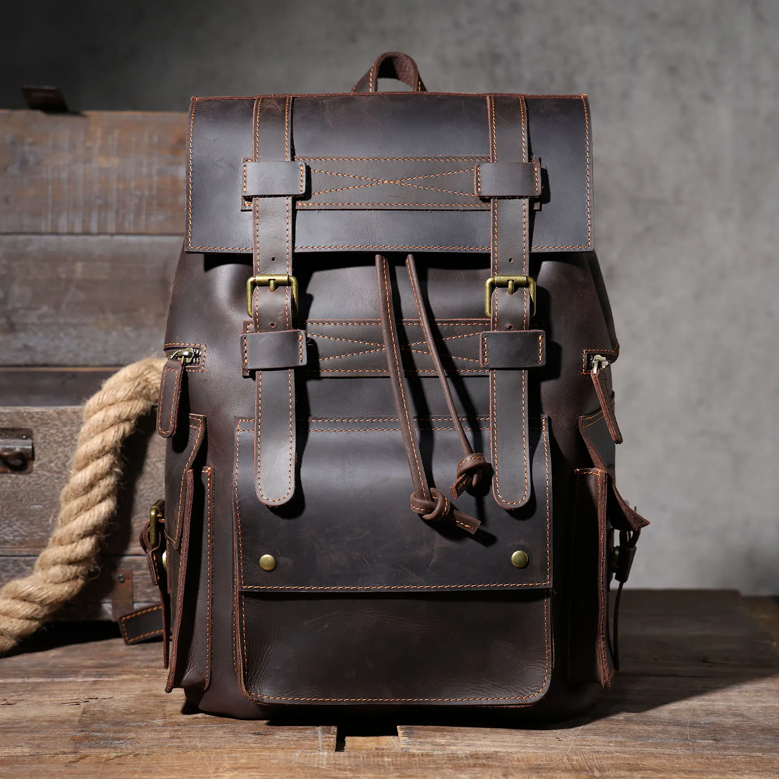 S.WORKER Vintage Echtleder Herrenrucksack Laptop-Tasche Casual Crazy-Horse Leder Schultasche Outdoor Reise-Weekender-Tasche – Detail 18