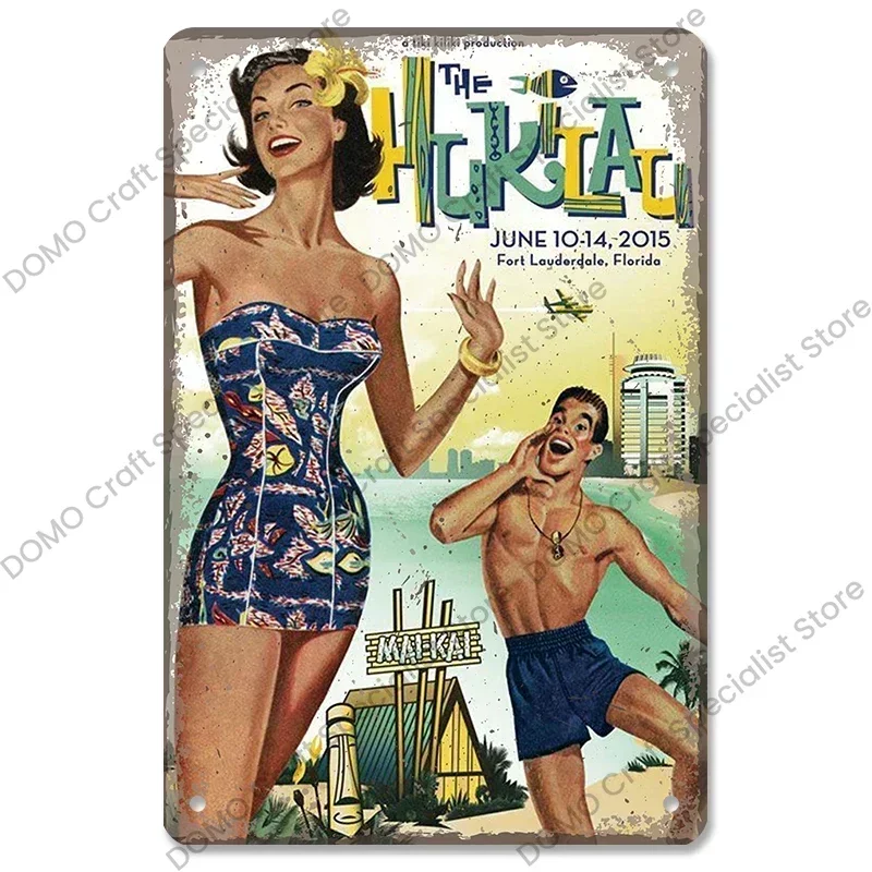 Morocco Hawaii Poster Vintage Metal Sign Ocean Beach Surfing Girl Metal Plate Wall Decor for Club Living Room Man Cave