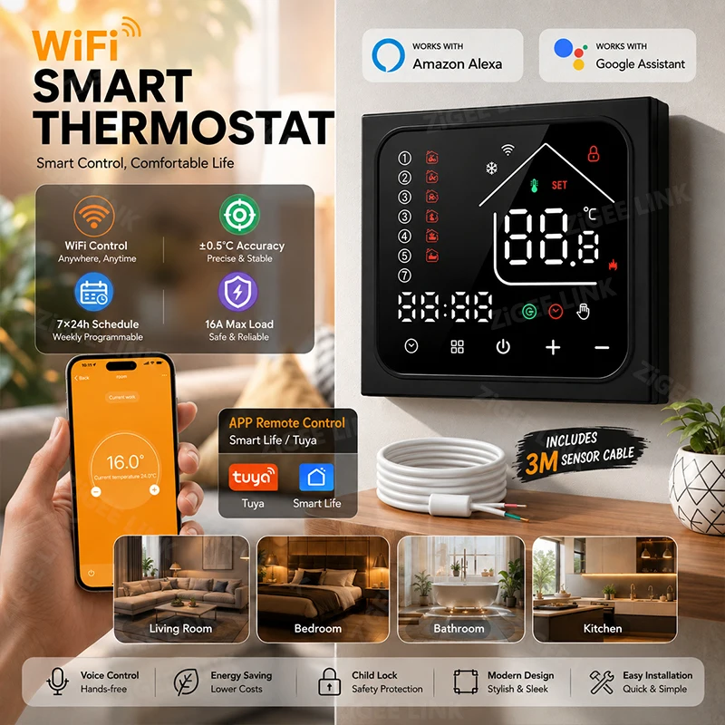 16A WiFi Digital Touch Thermostat For Underfloor Heating Include 3M Sensor Cable Safety Child Lock Home Automation Voice Command
