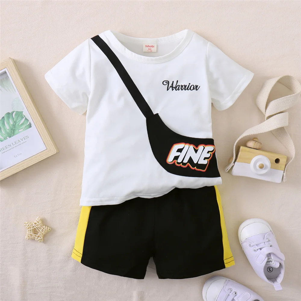 2PCS Summer Clothes Set Kid Boy Bag Print Short Sleeve Top+Color Block Shorts Fashion Daily Style Outfit for Child Boy 1-5 Years