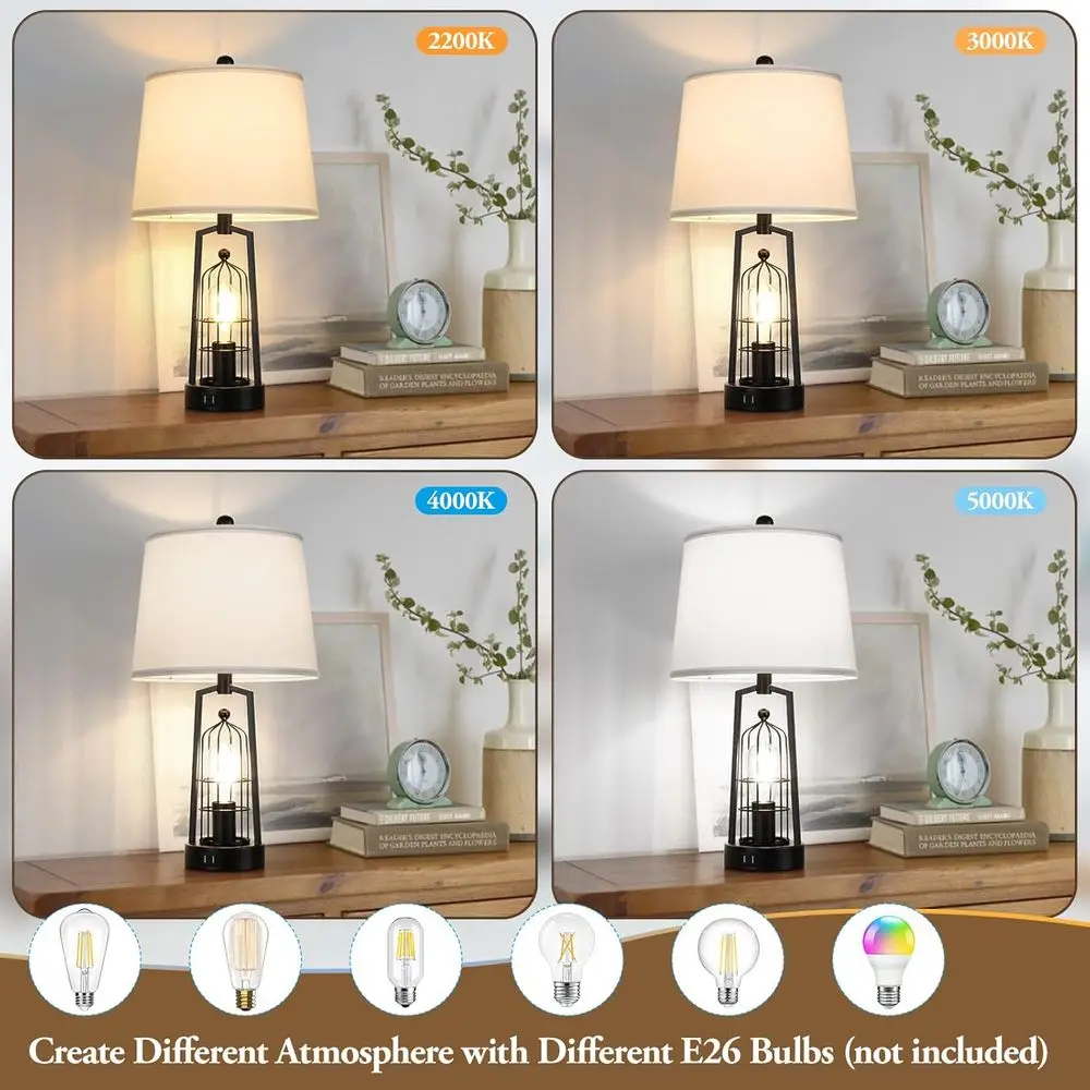 소박한 2-USB 농가 책상 램프 한 쌍, 거실, 침실 및 침실용 흰색 갓이 있는 검은색 산업 스타일 침대 옆 조명