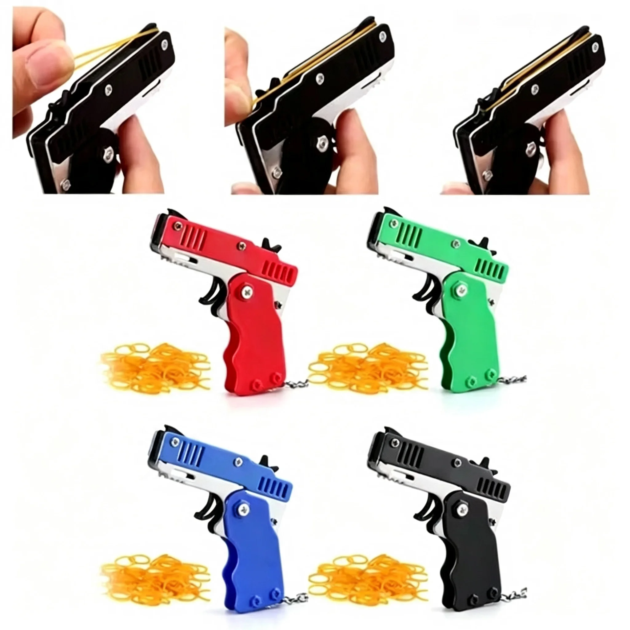 Rubber Band Gun Keychain Foldable Toy for Adults, Creative Gift Idea with 60 Bands for Family Fun Folding Mini Shooter