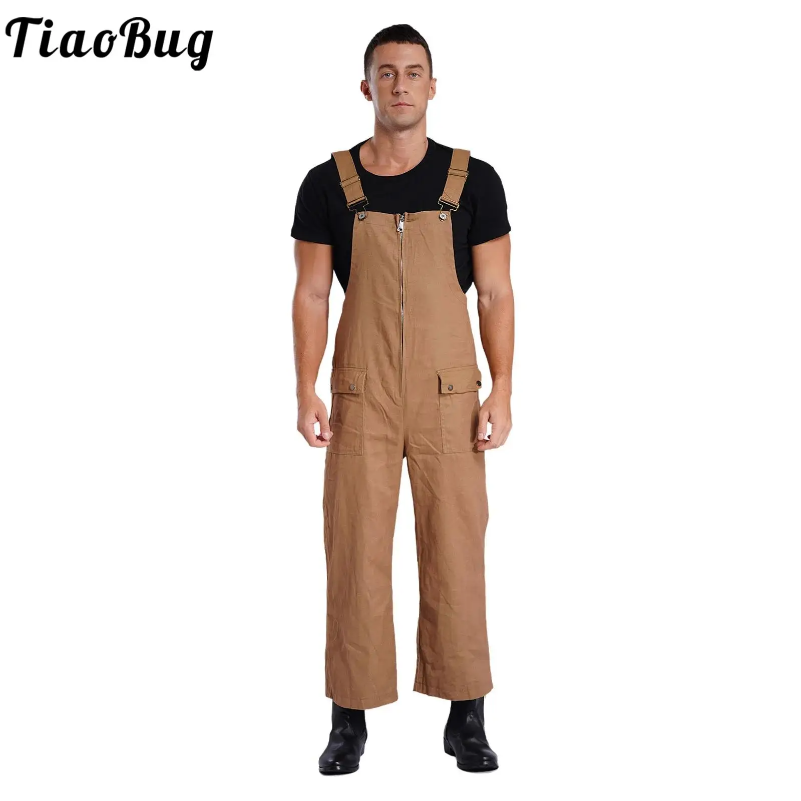 Work Causal Wear Jumpsuit Mens Solid Color Cargo Rompers Pockets Loose Straight Pants Jumpsuit Fashionable Dungarees Outfits