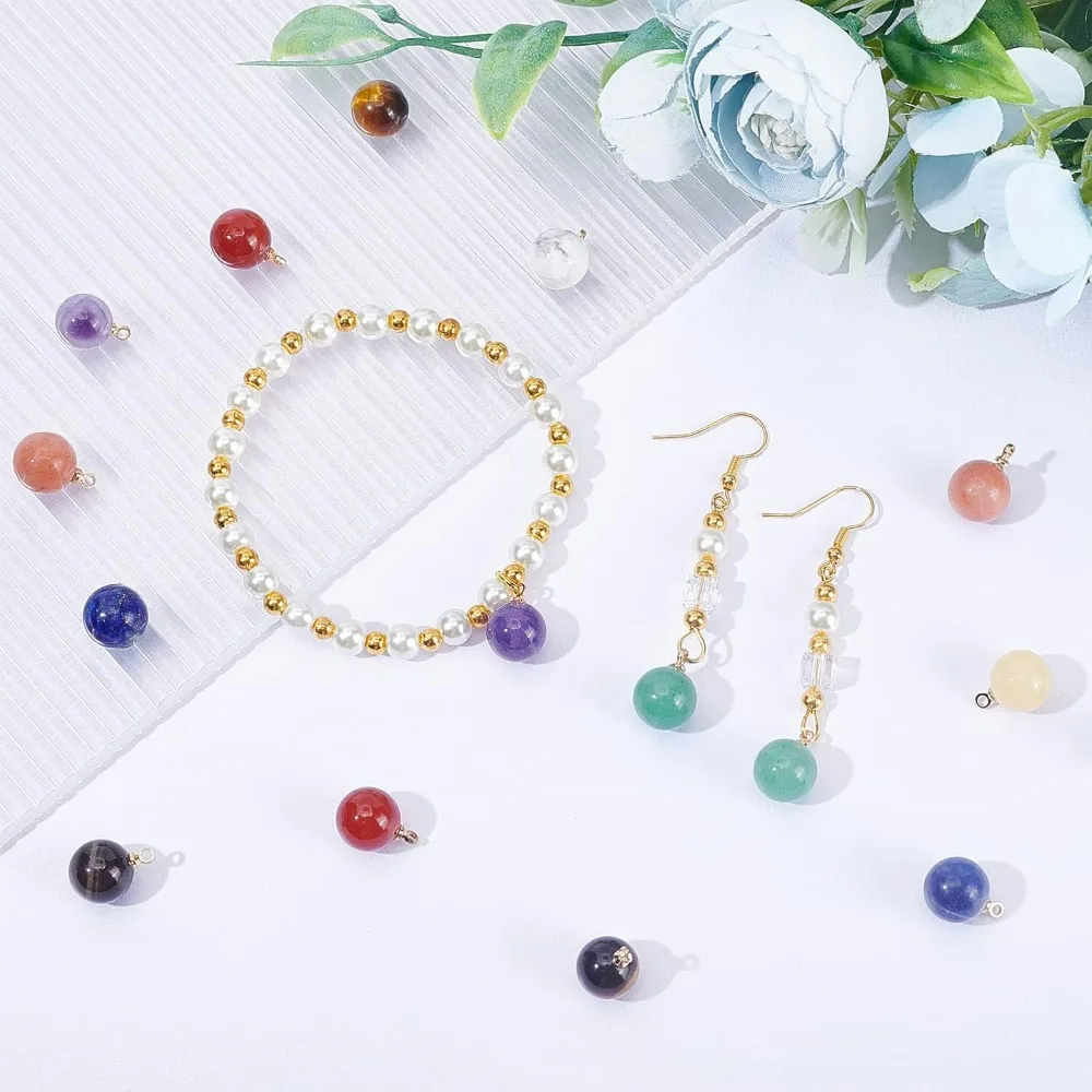 20 Pcs Natural Gemstone Charms, Bracelet Spacer Beads with Golden Brass Loops 10 Styles Beads Charm for Bracelet Necklace