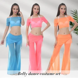 Women Belly Dance Leotards Tops + Split Pants Suit Sexy Transparent Belly Dance Gauze Mesh Tops Lady Belly Dancing Wear Outfit