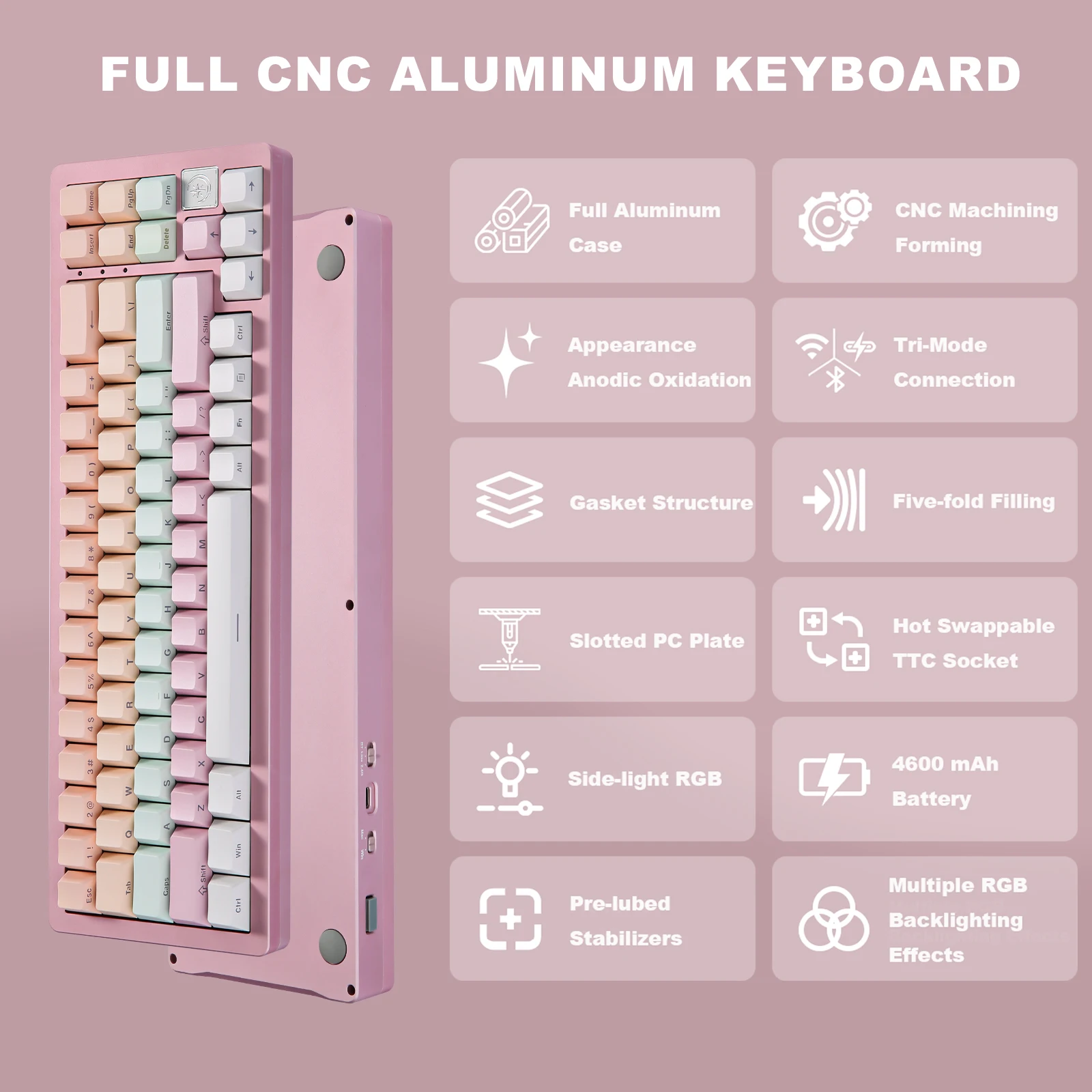 YUNZII AL71 Pink 68% 71 Key Full CNC Aluminum Hot Swappable Gasket Tri-mode Mechanical Gaming Keyboard with Side-printed Keycaps