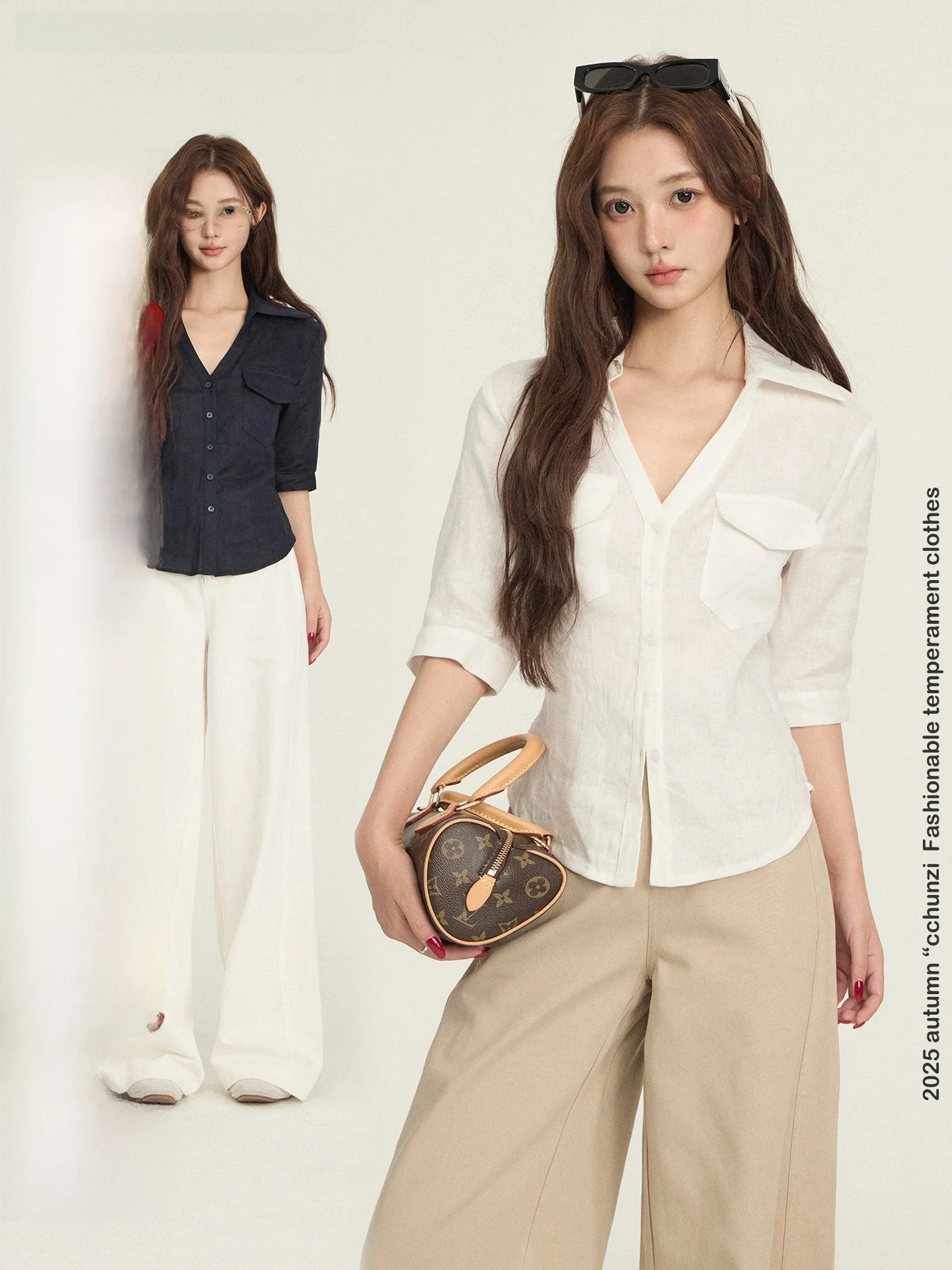 

Льняная женская блузка BULENG с V-образным вырезом, приталенная, с рукавом 3/4, повседневная, деловая, в корейском стиле, стандартный крой