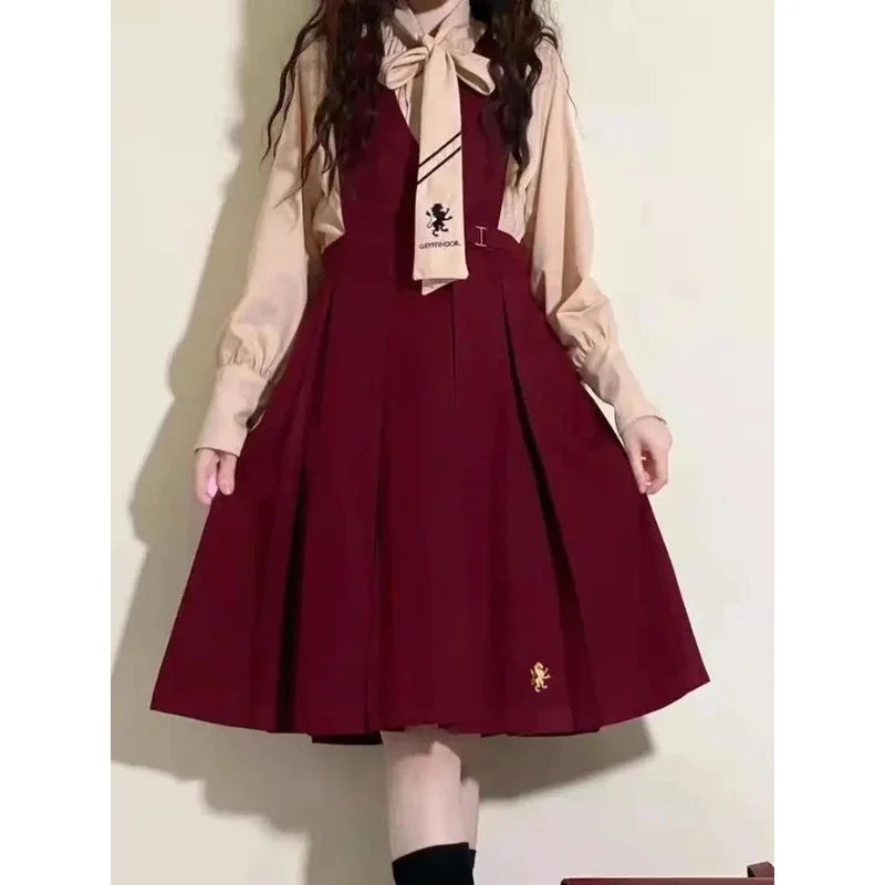 Vestido de primavera para mujer, traje de estudiante Preppy coreano suelto, capa japonesa, chal + camisa con pajarita y vestido de tirantes, conjuntos de tres piezas para chica Kawaii