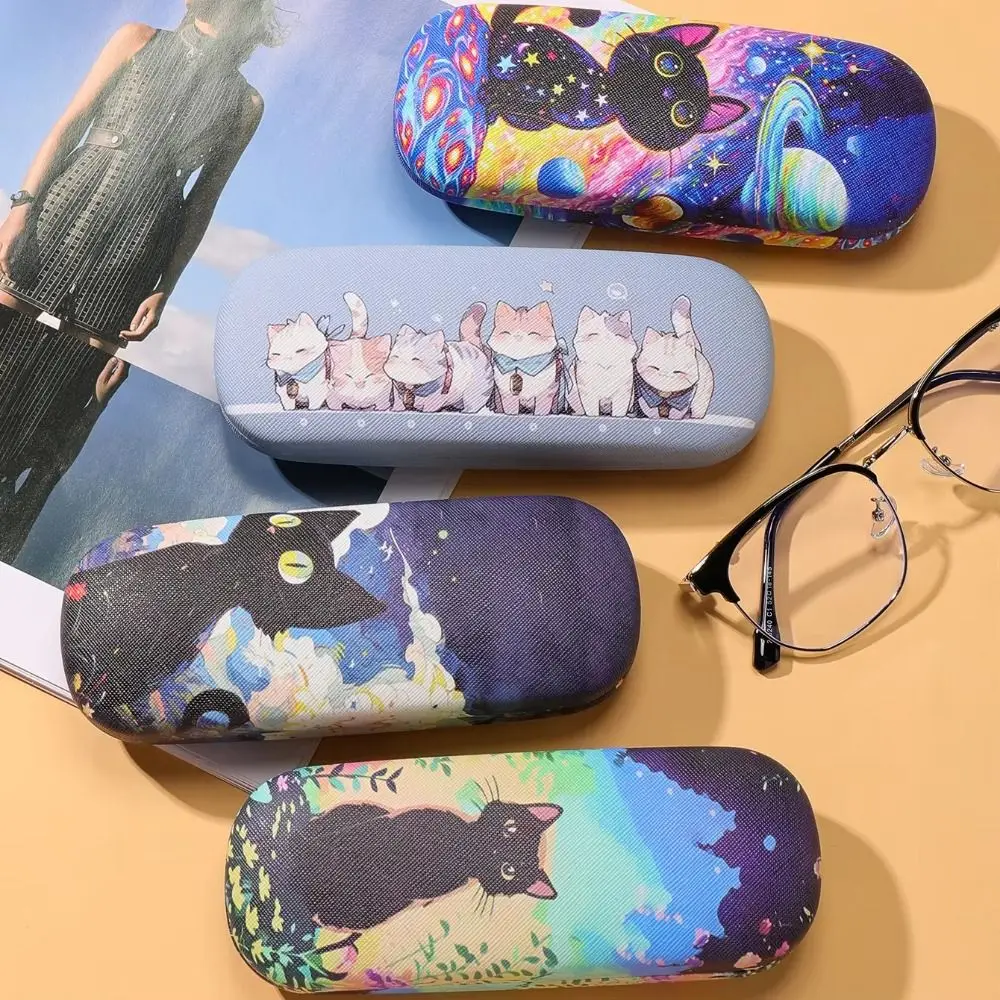 

New Anti-Pressure Cat Print Eyeglass Case Portable Creative Glasses Case Faux Leather Hard Shell Sunglass Storage Box
