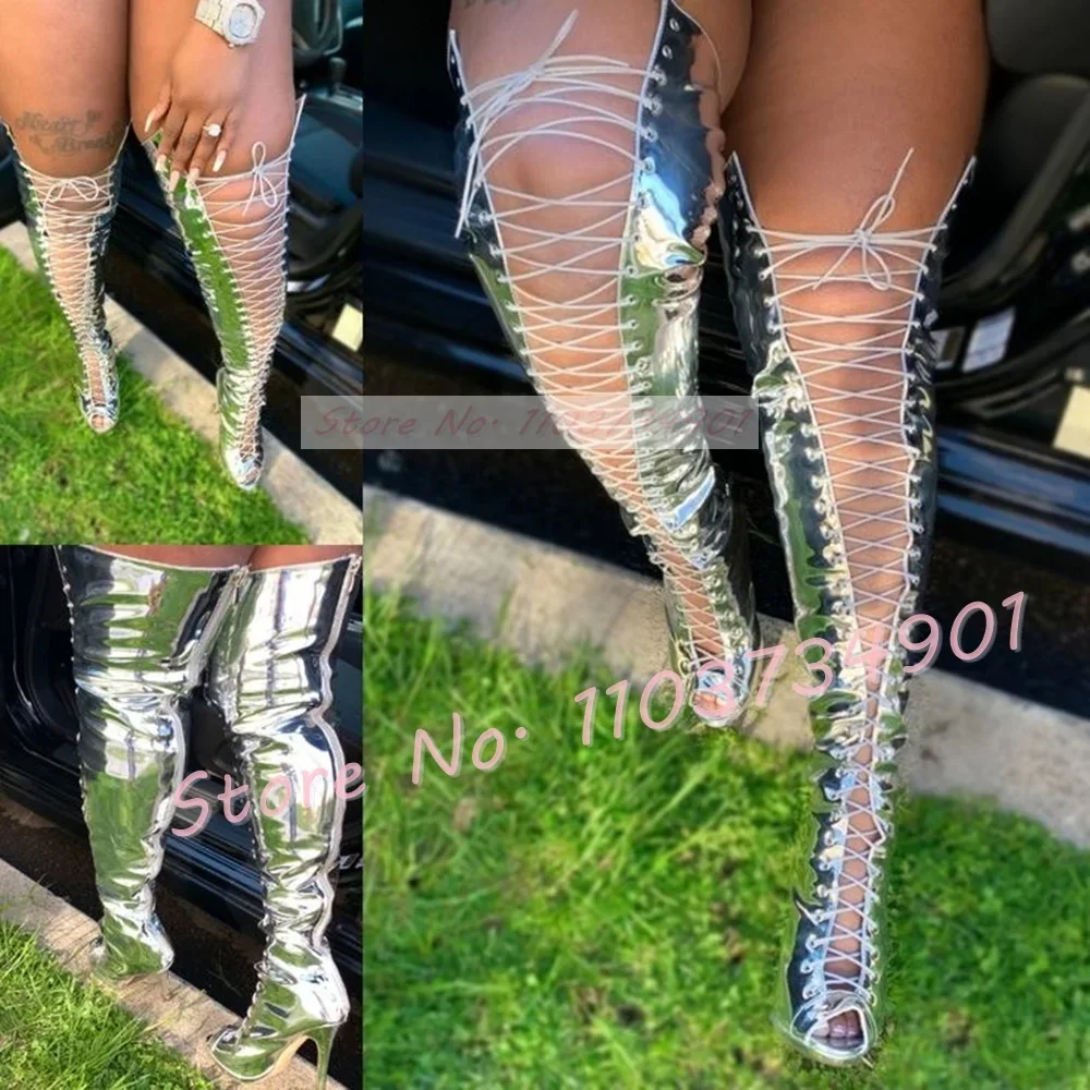 Silver Lace Up Zipper Thigh High Boots Women Hollow Mirrored Leather Peep Toe High Heels Shoes Female Sexy Fashion Solid Boots