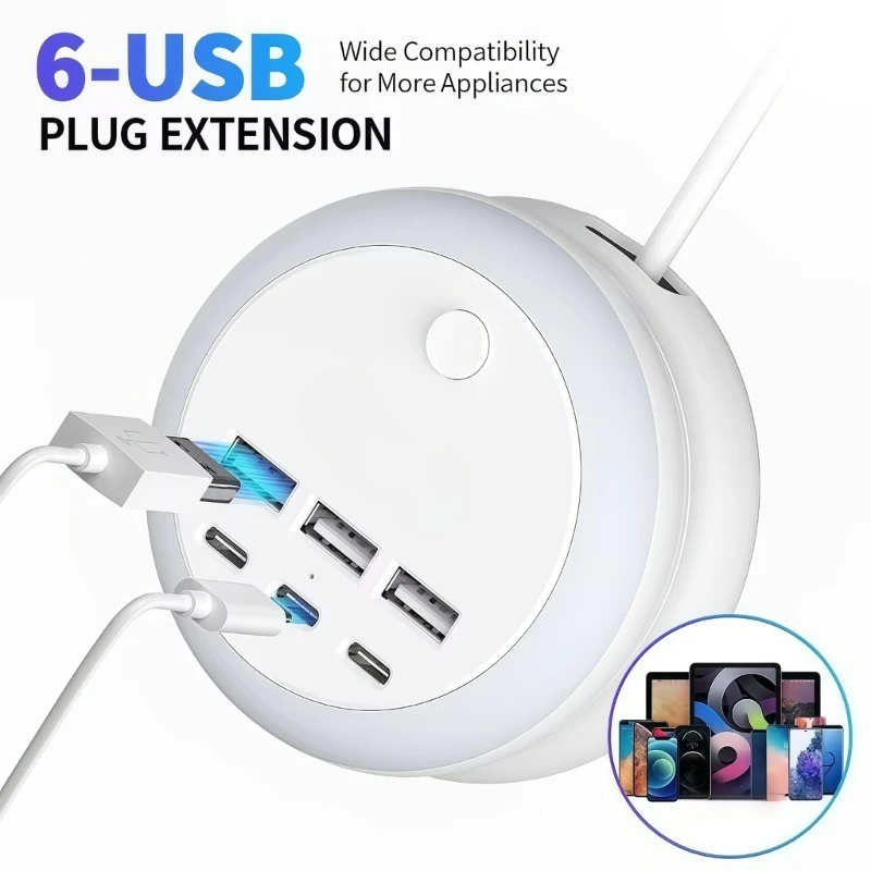 6-Port USB Charging Hub with 3Prong Plug, 3 USB-A 3 USB C Outlets, Retractable 1.2 M Cord, LED Night Light for Desk Travel D2RC