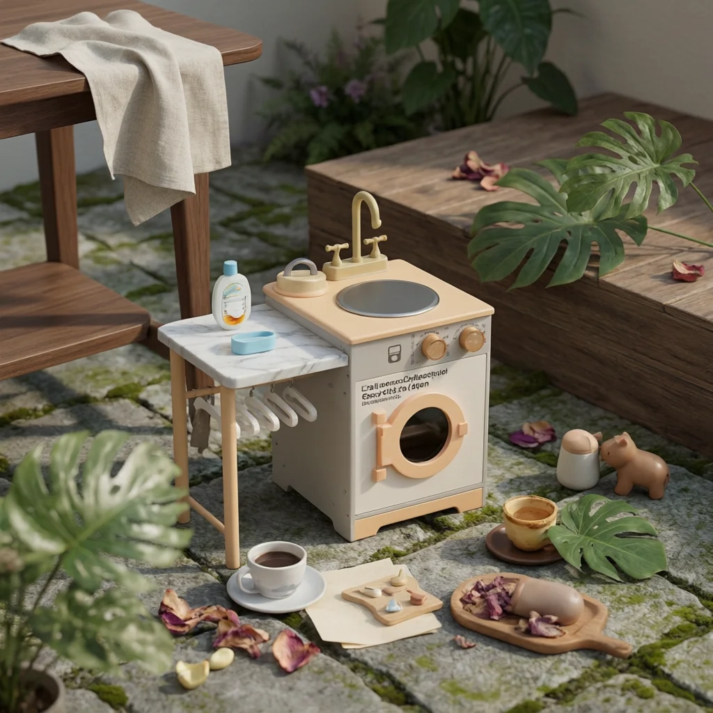 Wooden Laundry Set Front-Loading Wooden Washing Machine Childrens Role-Play Washer Gold-Tone Faucet Laundry Playset Hanging Rail