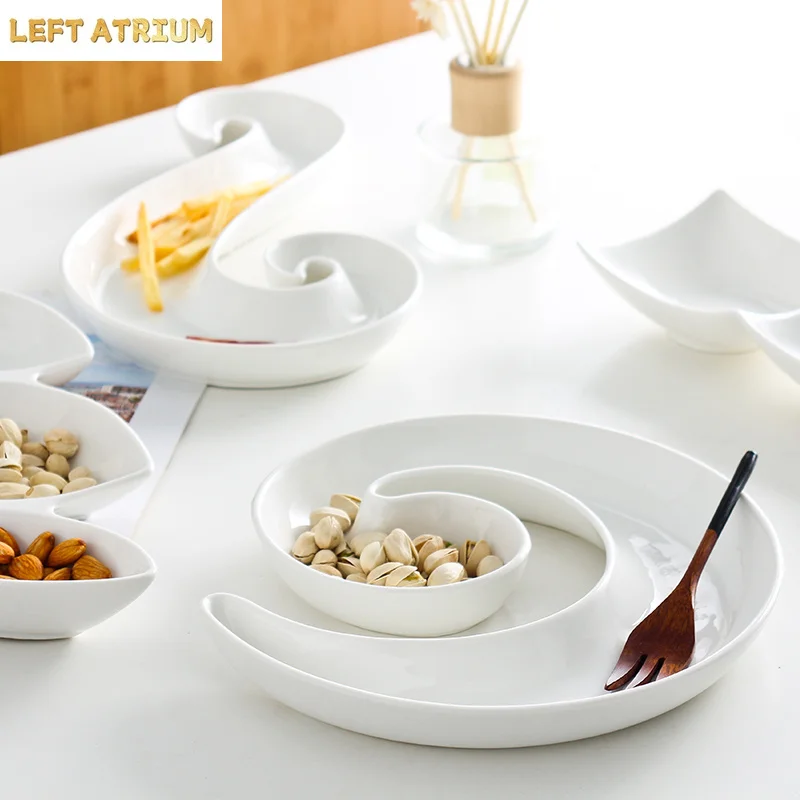 White Ceramics Fruit Plate Interesting Dim Sum Plates Snack Bowl Nut Partition Fruit Dinner Plate Dessert Tray Bone China