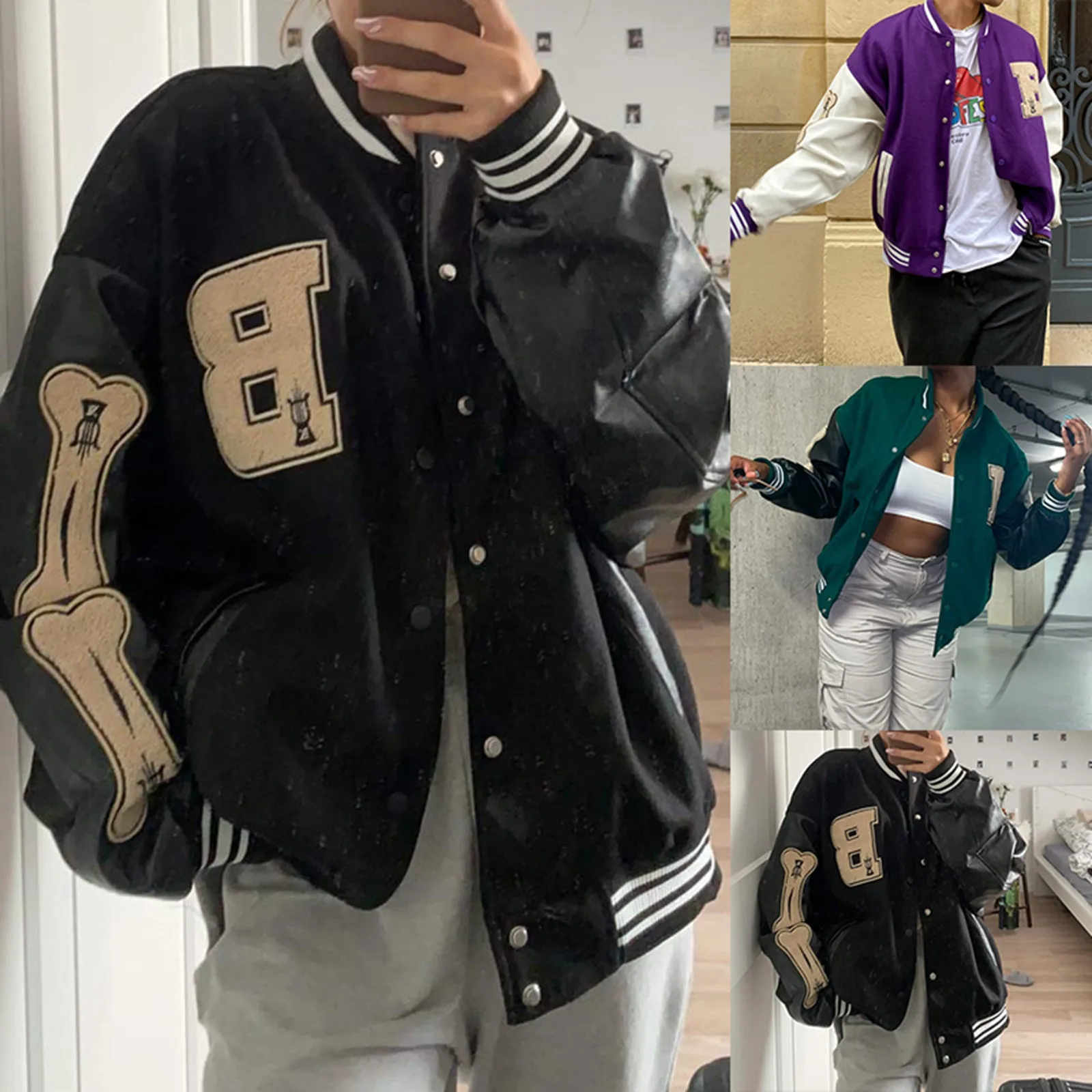 

Varsity Baseball Jacket Women Hip Hop Harajuku Letter Patchwork Leather Jackets Streetwear Men Unisex College Style Coats