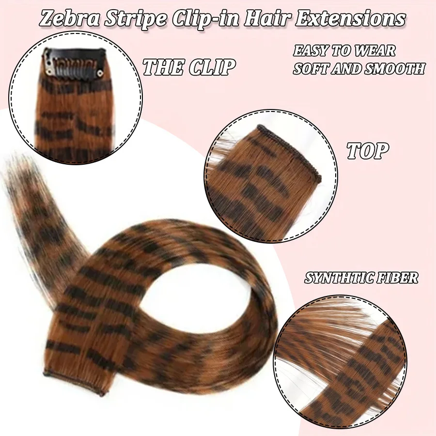 5 piezas set de extensiones de cabello liso largo con estampado de rayas, clip-in sintético para uso diario, fiesta, Navidad 2