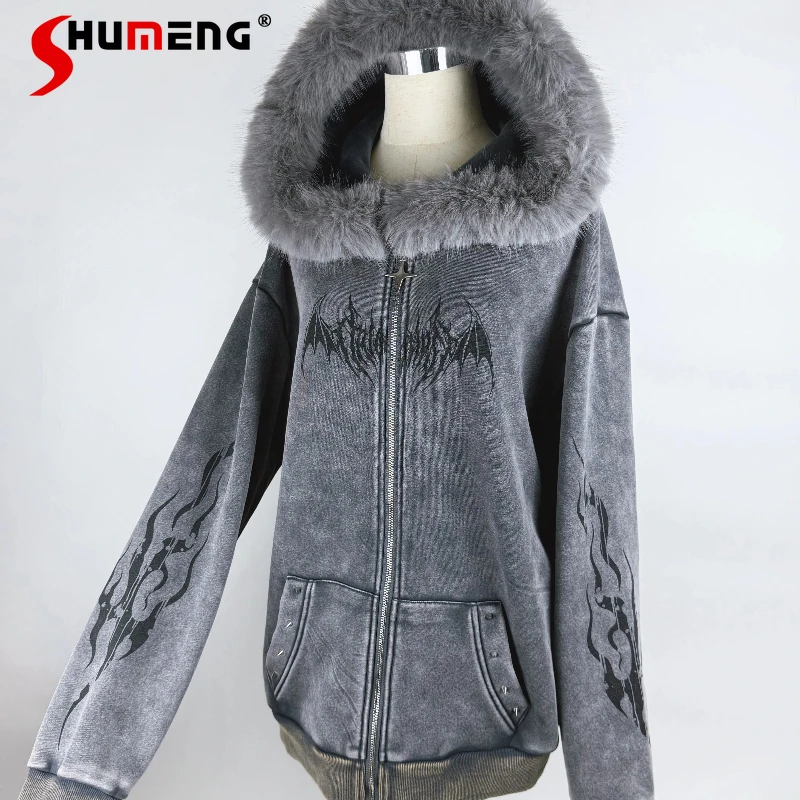

Japanese Original Fur Collar Fleece-Lined Coat Subculture Washed Dark Style Top Autumn Winter Warm Zipper Long Sleeves Jacket