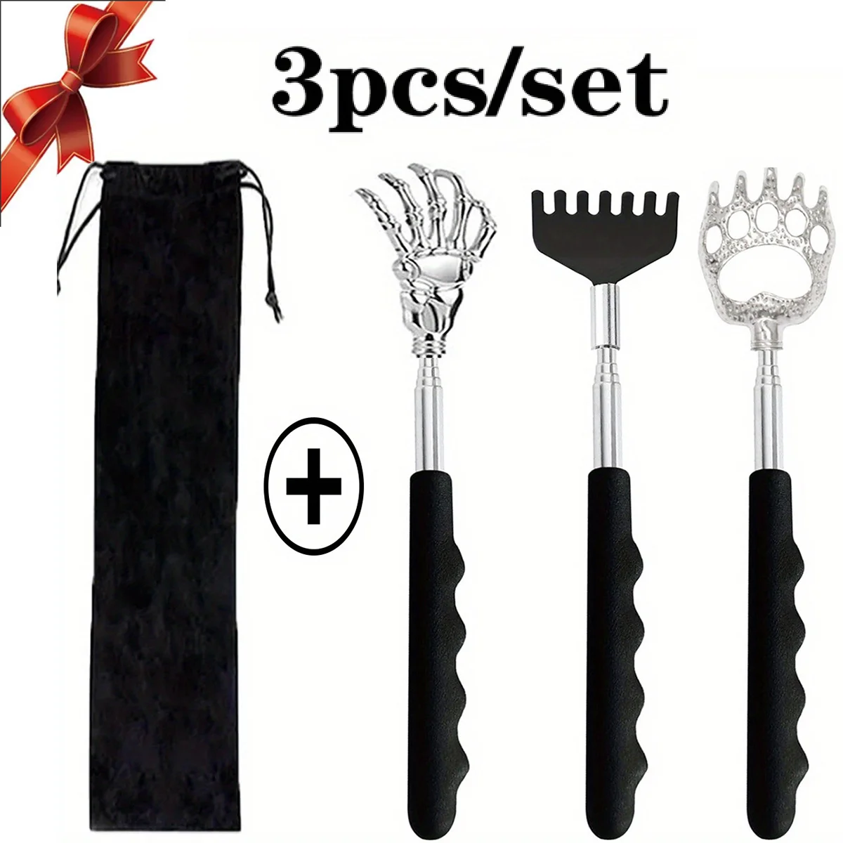 

3-Pack Telescoping Back Massager – Ergonomic Stainless Steel Handle, 3 Claw Heads, Velvet Pouch, Gift for Father’s Day Birthday