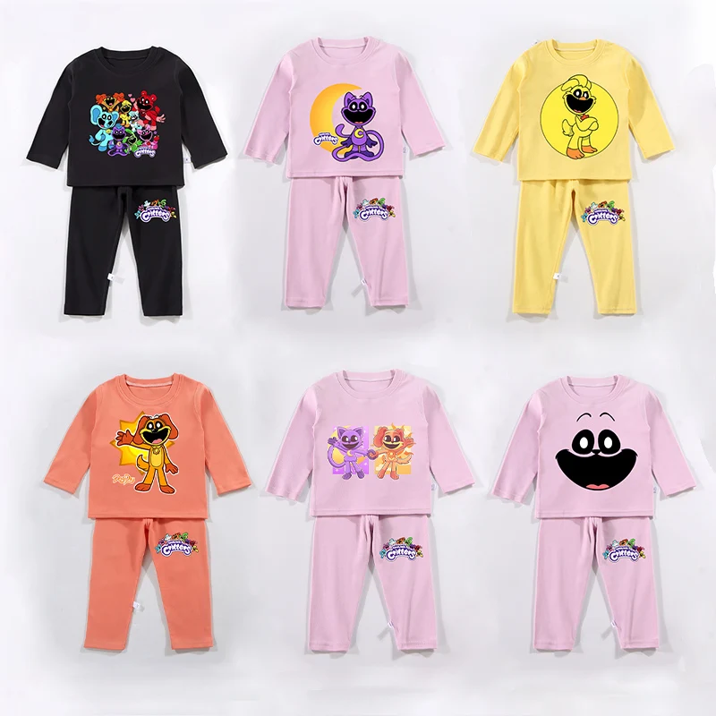 Smiling Crittersed Children's Long Sleeve Pajamas Suit Thicken Warm Anime Cartoon Kid Sleepwear Tops Pants Nightwear Set Clothes