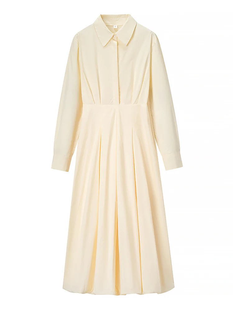 Estilo europeu nova moda feminina versátil temperamento lapela manga longa cor sólida cintura vestido fino