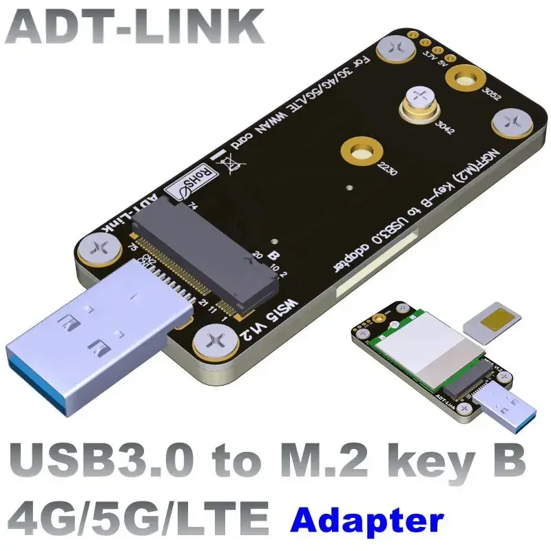 ADT New NGFF M.2 Key-B To USB 3.0 Adapter Riser Card w Dual SIM Slot For 3G/4G/5G LTE Wireless Module Modem WWAN Card 3.7V 3A/4A