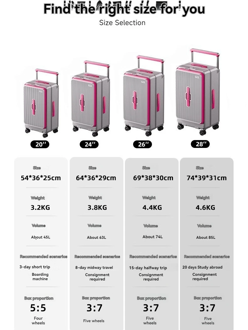 Mala de viagem com abertura lateral, 24 polegadas, grande capacidade, com rodas largas, com senha, masculina, 20 polegadas, para embarque.