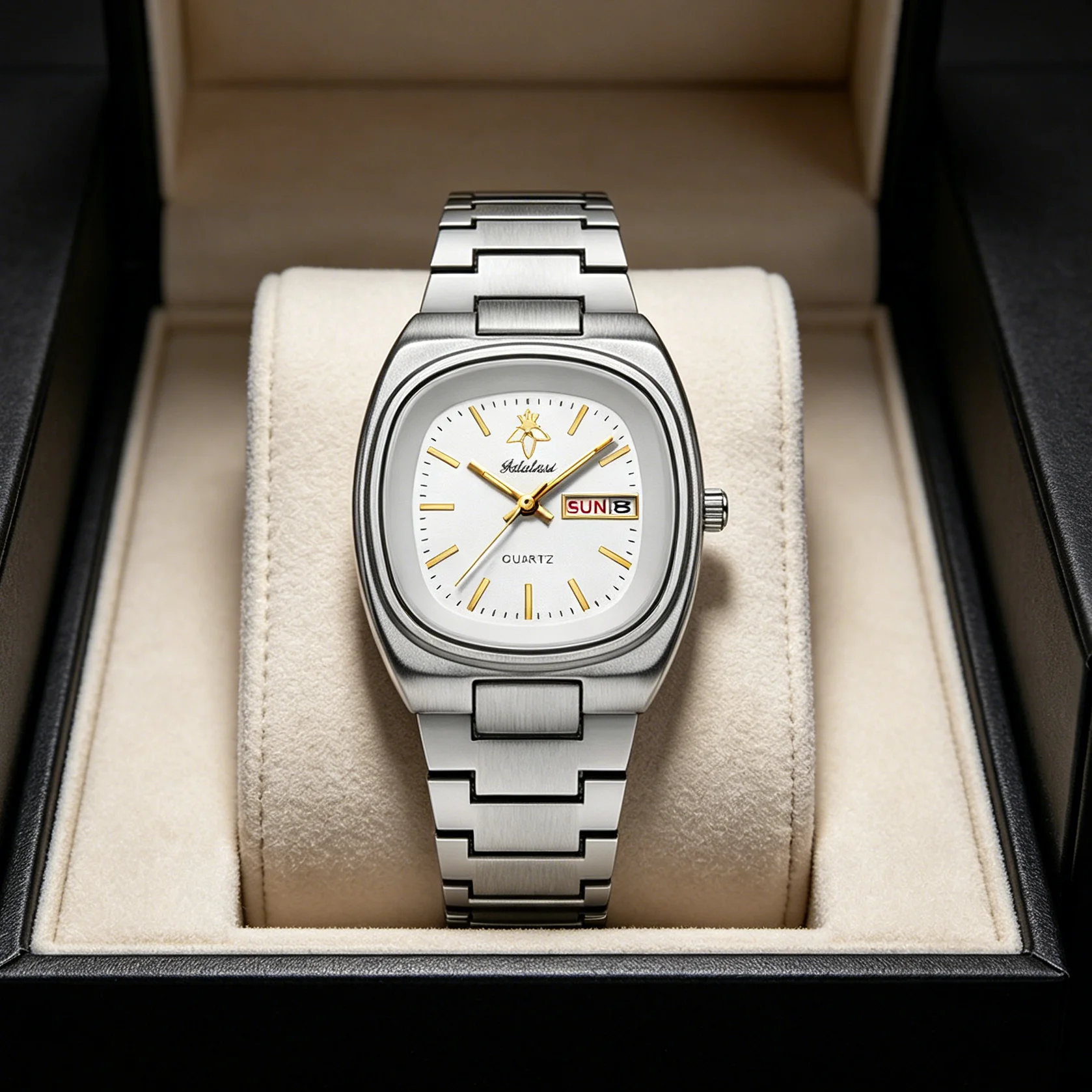 YaLaLuSi Retro Cushion Square Couple Watch Silver Integrated Strap White Dial Week Date Display Waterproof Unisex Quartz Watch Luxury Gift Box For Anniversary Birthday Valentines Day