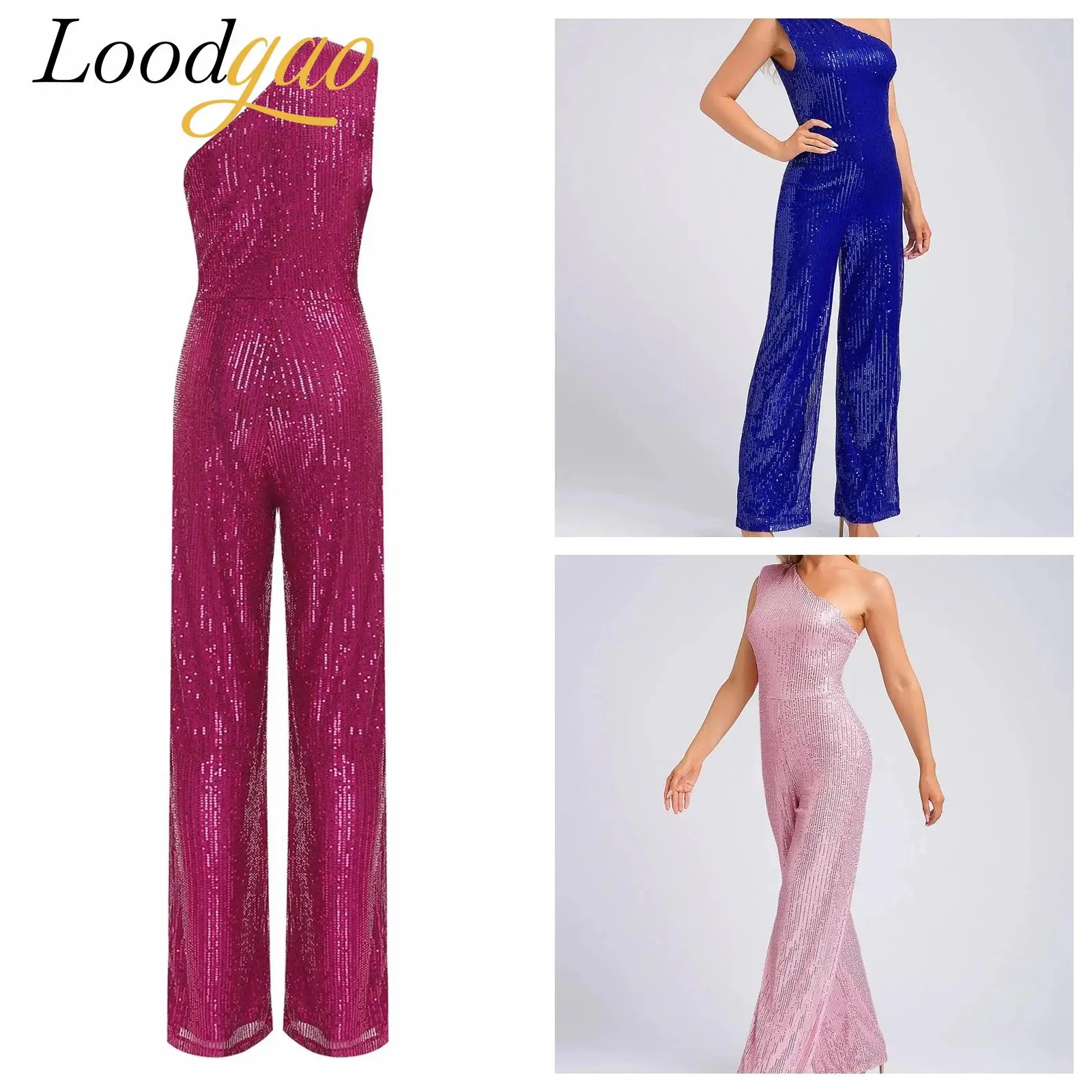 

Women's Sequins Evening Jumpsuit One Shoulder Straight Pants New Fashion Casual Sleeveless Jumpsuits Ball Party Cocktail Gown