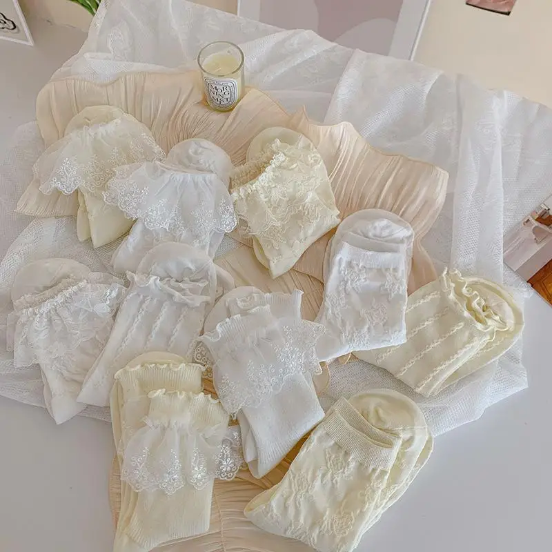 White Socks Women Summer Mid Sleeve JK Uniform Socks Japanese Cute Lolita Fashion High Quality Solid Color Sweet Lace Socks