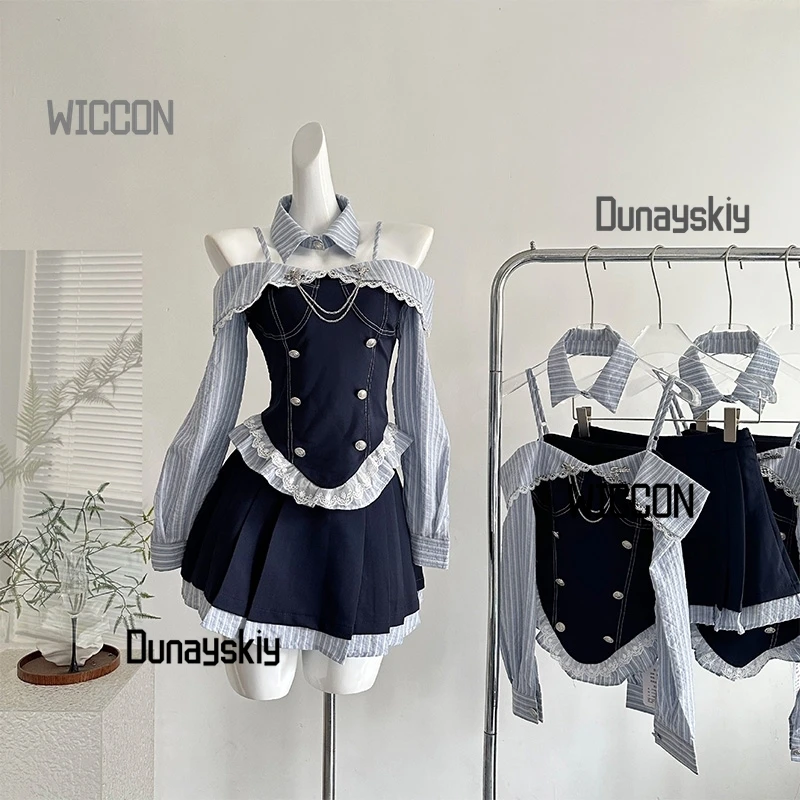 

College Korean British Top Skirt Fashion Set Jirai Kei Lolita Women Cosplay Costumes Kawaii Cute Lovely Party Daily Halloween