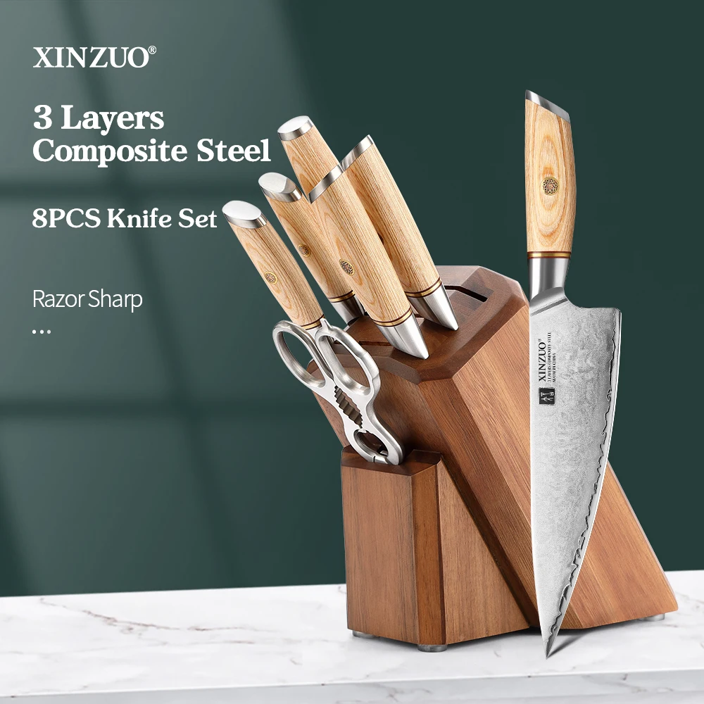 

XINZUO 8PCS Set Knife Holder Set with Sharpener 10Cr15CoMoV Steel Core Clad Steel Bread Paring Knives Scissors Pakkawood Handle