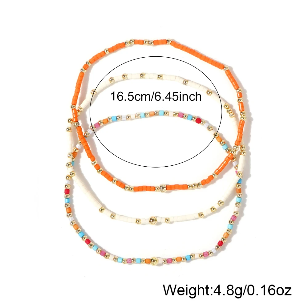 3pcs Summer Bohemian Style Colorful Rice Beads 2mm Copper Beads Stacked Beaded Bracelet