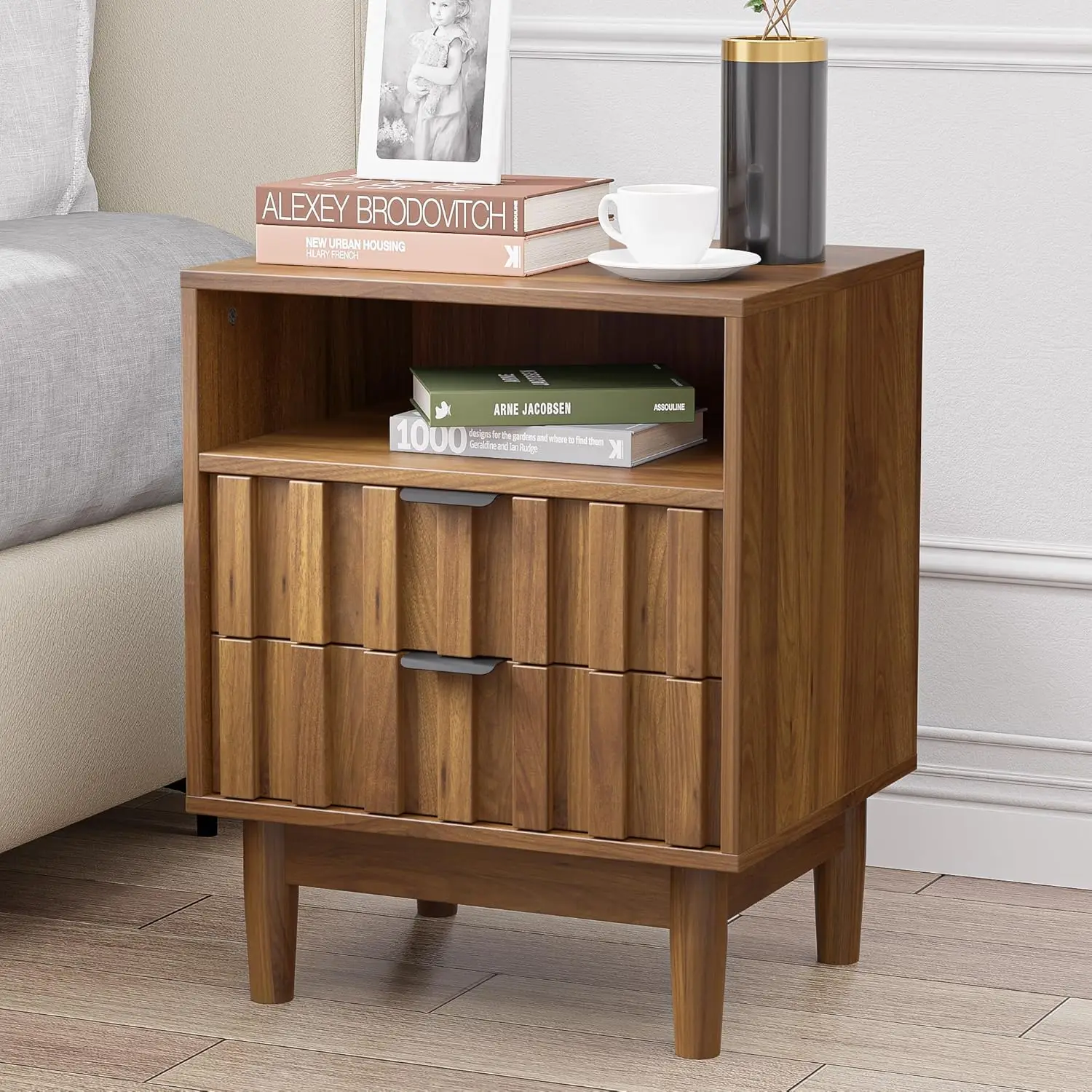 

Fluted Nightstand with 2 Drawers, 19" Wide Night Stand with Solid Wood Legs, Open Storage Shelf, Mid Century Modern, Customized