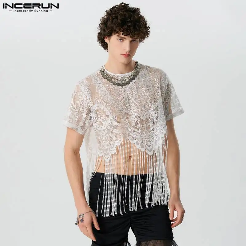 2024 Men T Shirt Lace Tassel O-neck Short Sleeve Transparent Fashion Men Clothing Streetwear Party Irregular Crop Tops INCERUN