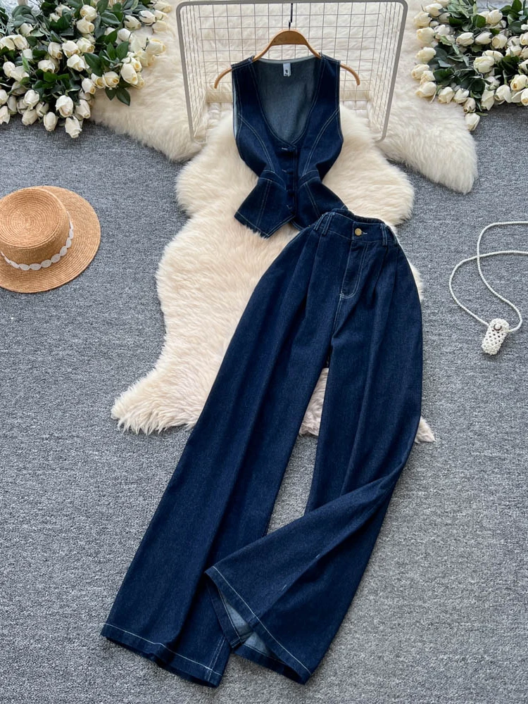 

Retro Spicy Girl Set Women's Autumn Deep V Svel Denim irt High Waist Slimming Drapey Long Pants Faion Set Casual Wear