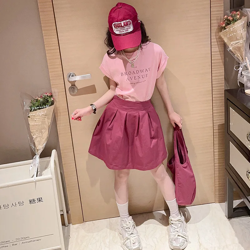 Summer 2023 Girls Skirt Outfit New Medium and Large Children\'s Cotton Letter T-shirt Trendy Casual Loose Two-Piece Suit