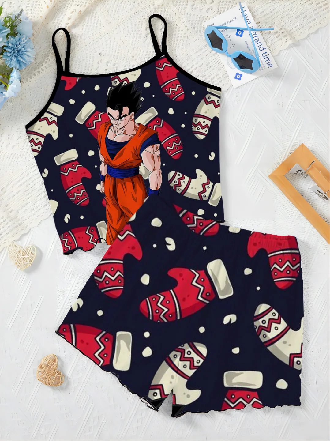 ชุดเดรสชุดนอนกระโปรงเสื้อยืดผักกาดหอม Trim Elegant ผู้หญิงชุด Dragon Ball Son Goku ชิ้นด้านบนสั้นสองชุดสูทชุดบ้าน