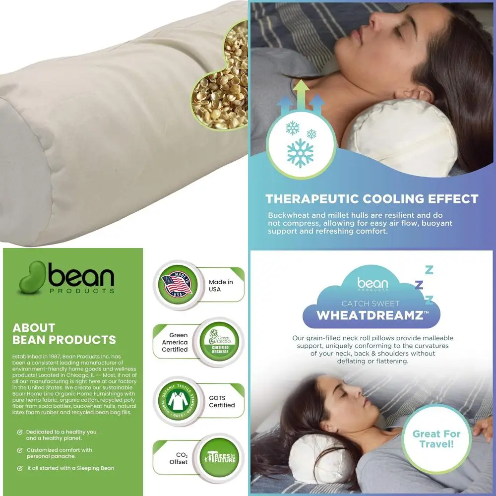 

USA-Made Organic Cotton Neck Pillow with Millet Fill & Washable Cover - 5x14 Support for Deep Sleep