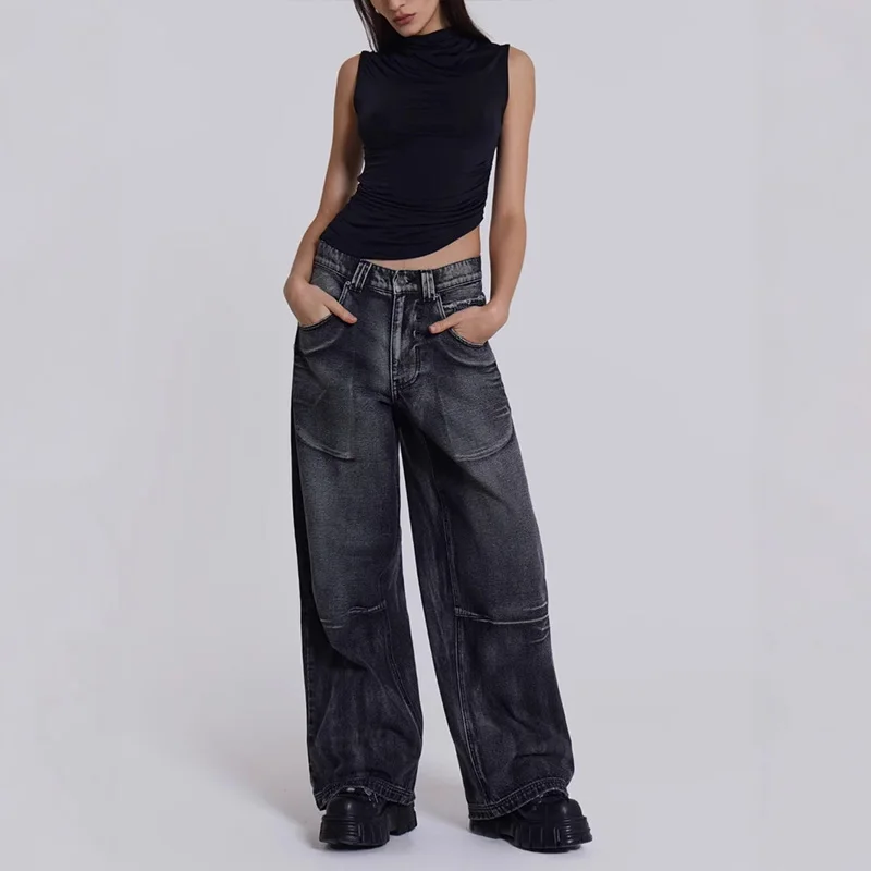 Amerikanische Gothic Jeans Unisex High Street Y2K Retro Mode Weite Hosen Hip-Hop Streetwear Hosen Harajuku Schwarz Casual Hosen – Detail 8