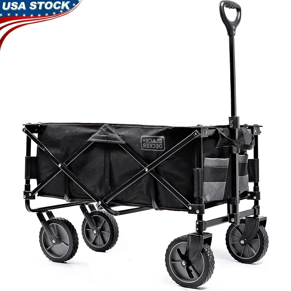 

Collapsible Utility Wagon Heavy Duty Folding Cart Portable All Terrain Wheels Easy Maneuvering 2 Cup Holders Storage Pocket