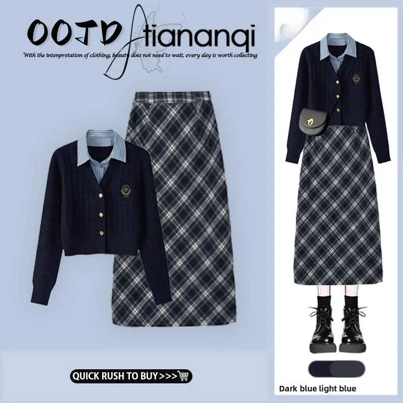 

Korean Style Soft Preppy Knit Top And Plaid Skirt Two Piece Set Autumn Winter Retro Half Length Skirt Ensemble