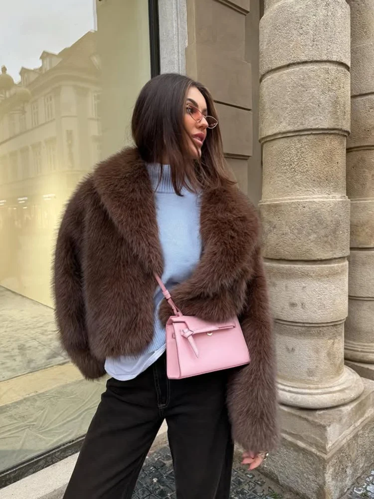 Veste en fausse fourrure pour femme, revers, manches longues, cuir strucp, vestes femme, manteau femme épais, mode, automne, hiver, 2024