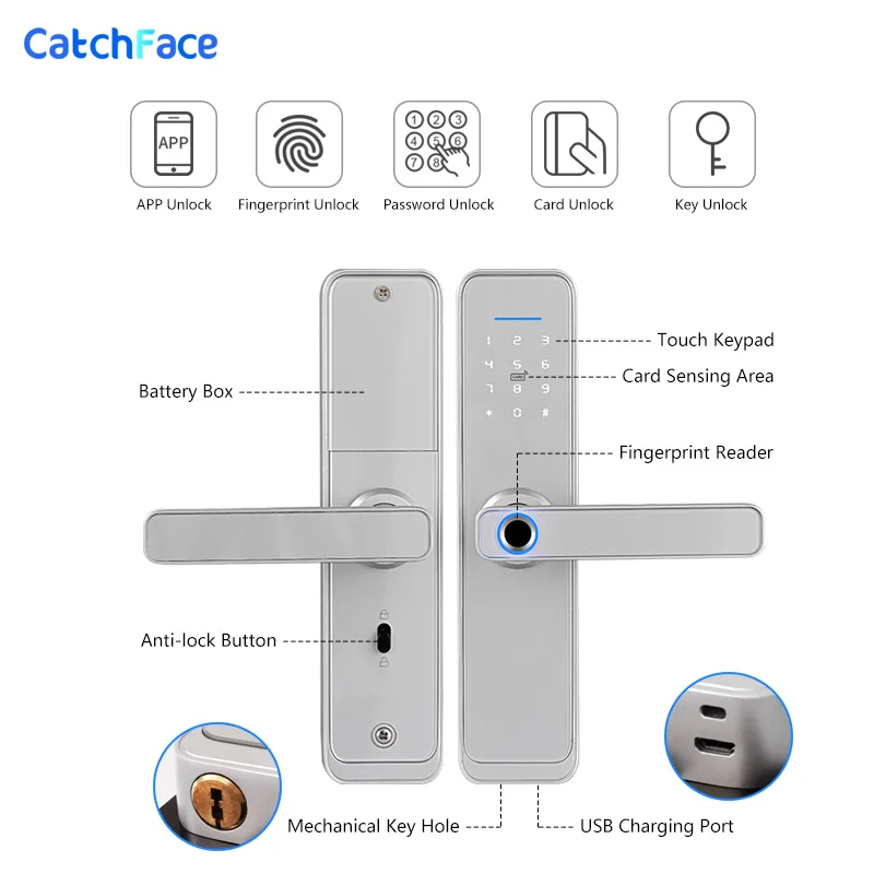 Silver Smart Fingerprint Door Lock Security Electronic Smart Bluetooth Digital APP Keypad Code FRID Card Keyless Lock