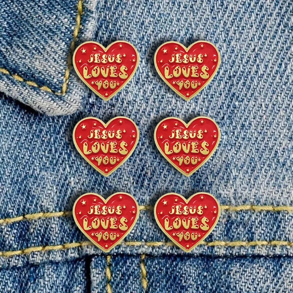 3-24Pcs Red Heart Jesus Loves You Brooch, Christian Religious Lapel Pin, Unisex Badge, Decor Pin for Hat, Clothes and Backpack