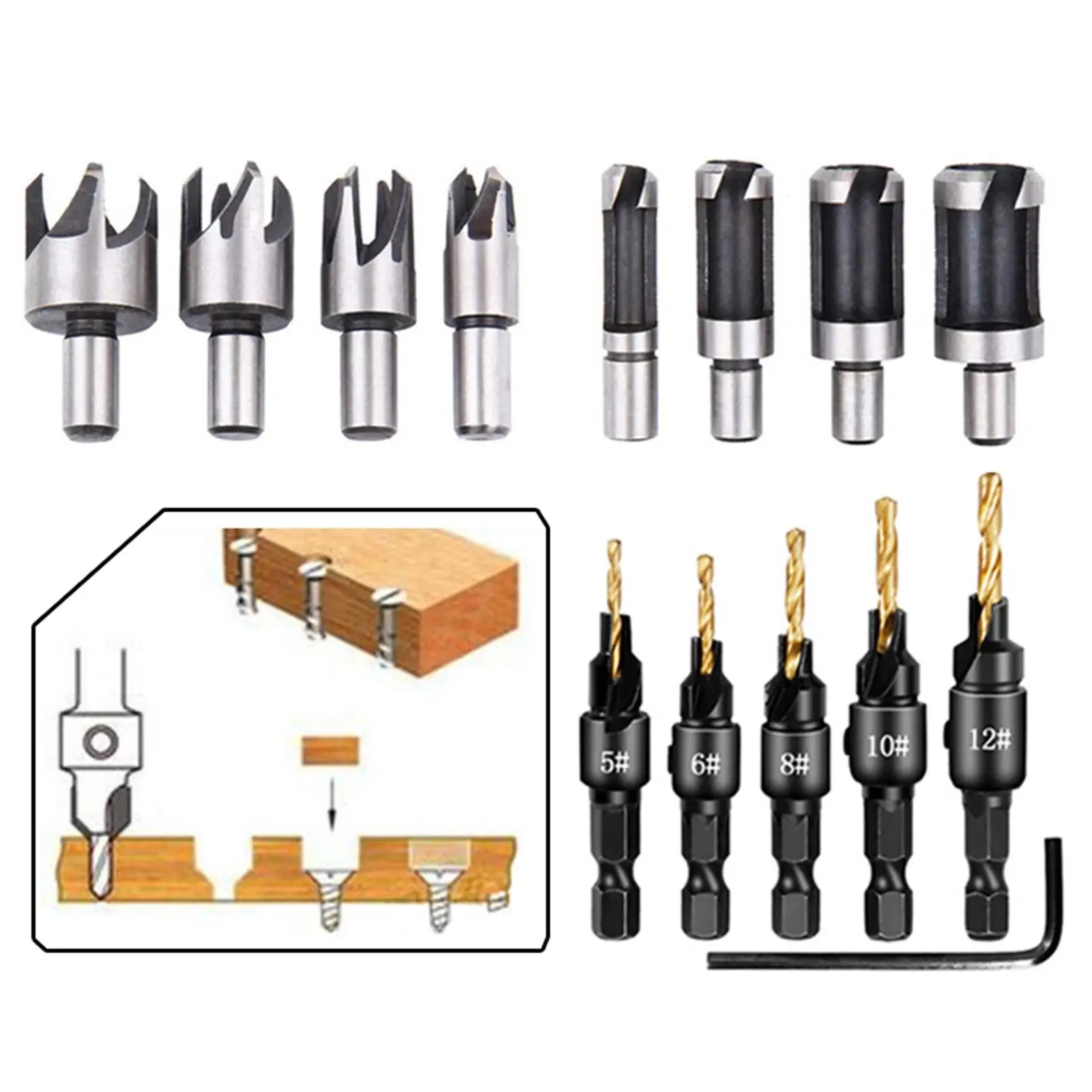 

Деревообрабатывающий инструмент для сверления фасок, 1/4 дюйма, шестигранный хвостовик, 5 канавок, 90-градусная зенковка, L-образный ключ + резак для деревянных пробок + дырокол