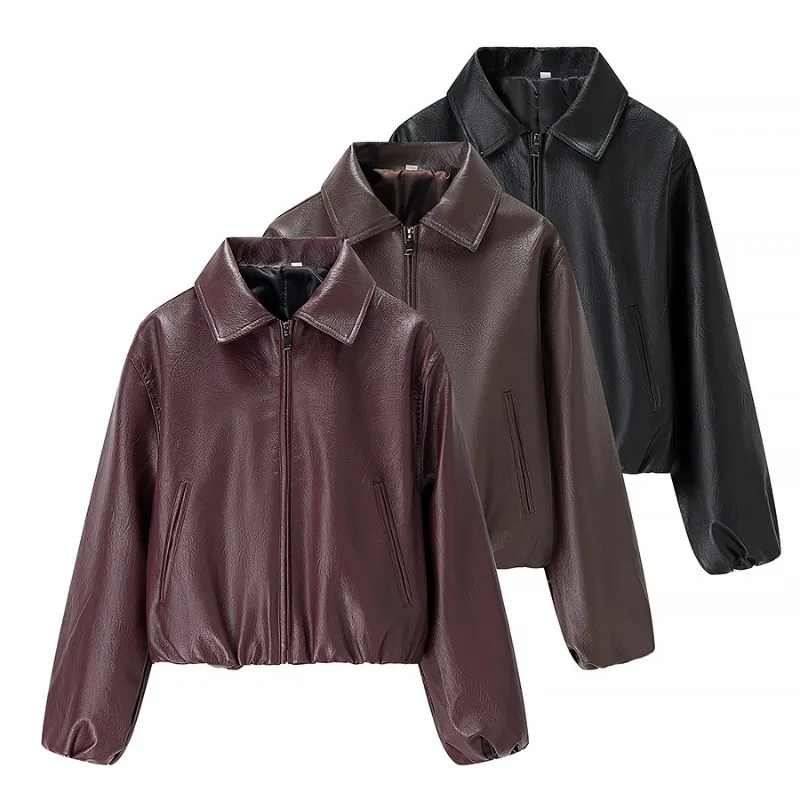 Women 2026 Autumn Winter New Hot Selling Solid Color Loose Lapel Long Sleeve Faux Leather Jacket Coat Commute Casual Daily Chic